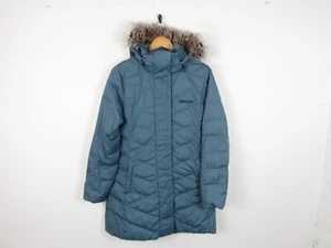 Marmot Women’s Parka Jacket Varma 700 Down Faux Fur Hood Fill Long Blue Size M - Picture 1 of 13