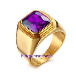 Naturale Ametista Gemma Con 925 Argento Sterling Placcato Oro Ring per Uomo #F29 - Foto 1 di 4
