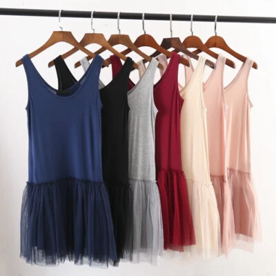 Womens Short Layered Mesh Trim Extender Dress Camisole Sleeveless Slip Dress New - Image 1 of 4