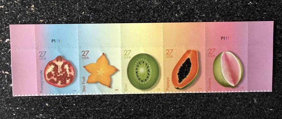 2008USA #4253-4257a 27c Tropical Fruit - Top Plate Strip of 5  Mint NH - Image 1 of 1