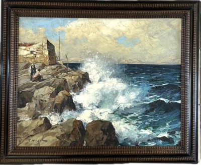 GUSTAVE VIDAL Marine " Effets de vagues"  Huile sur toile Grand Format - Photo 1/4