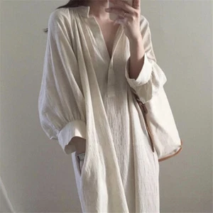 Cotton Linen Shirt Dress Long Maxi V-neck Loose Casual Apricot Summer New Beige - Picture 1 of 4