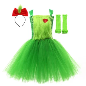 Cosplay Christmas Monster Grinch Kids Dress Halloween Girls Princess Skirt Suits - Picture 1 of 12