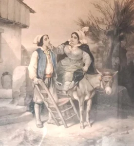 Gravure Colorée Peinte à la Main 19e Regnier Bettanier Grand Cadre 66x54cm - Picture 1 of 20