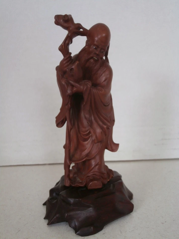 ANTIGUA FIGURA CHINA DIOS DE LA LONGEVIDAD SHOU XING TALLADA A MANO PALO DE ROSA Foto 1 de 4