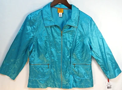 Ruby Rd. Metallic Turquoise Crinkle Satin Jacket 14 NWT Lightweight Vibrant - Image 1 of 4