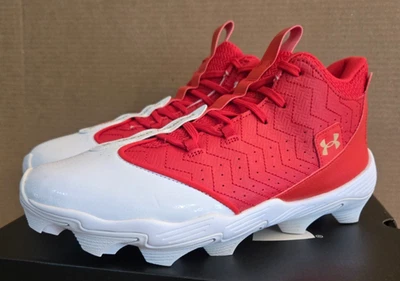 Under Armour UA Harper 9 RM Baseball Cleats Size 10 White/Red/Gold 3027442-100 - Image 1 of 4