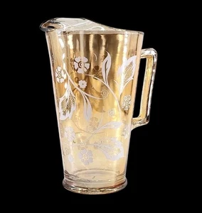 Pitcher Carnival Glass Jeannette Iridescent Marigold White Floral Design Vintage - Picture 1 of 9