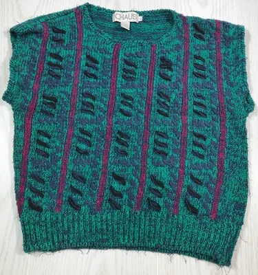 Vintage Chaus Linen Blend Sweater Vest Women L Green Striped Boho Pull Over 90s - Image 1 of 4