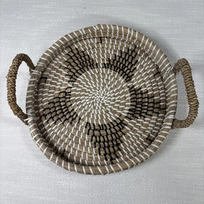 Rattan Wicker Round Serving Tray, Hand Woven Star Design Tan Black White 12 NICE - Image 1 of 4