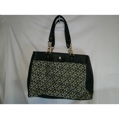 Tommy Hilfiger Tote Bag Black Signature Monogram Leather Accents Gold Chain - Image 1 of 4