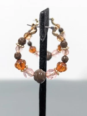 Boho Retro Brown Fall Colors Bead Round Hoop Pierced Earrings - Image 1 of 4