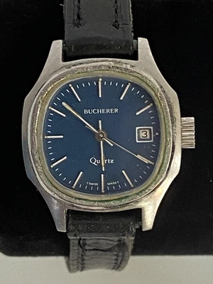 Винтажные кварцевые часы Bucherer синий циферблат дата швейцарский кожаный ремешок 69421 - Изображение 1 из 4