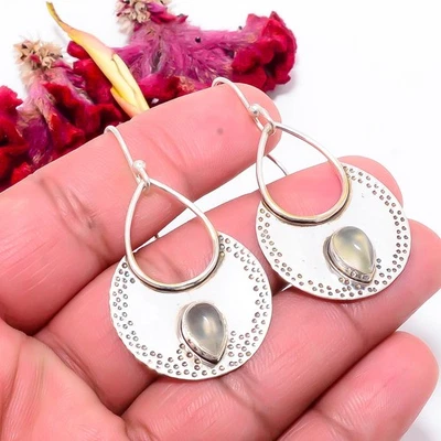 Серьги из стерлингового серебра 925 пробы ручной работы Prehnite - Южная Африка 1,87 дюйма Su34 - Изображение 1 из 4