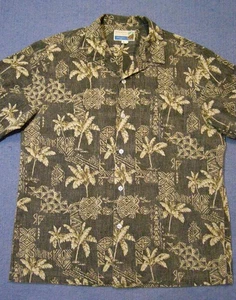Camisa Makapuu Hawaiana Aloha Estilizada Palmeras Reverso Blanco y Marrón sobre Gris Talla L - Imagen 1 de 8