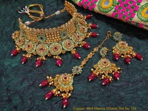 Indian Jaipuri Jewelry Kundan Bridal Wedding Necklace party wear jewelry set - Picture 1 of 8