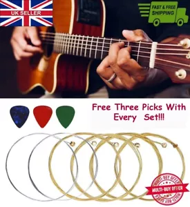 ACOUSTIC GUITAR STRINGS ✅SET OF 6 HIGH QUALITY STRINGS ✅ THREE GUITAR PICKS - Picture 1 of 11