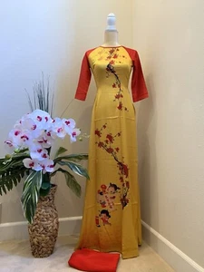 Gold Tet Vietnamese Ao Dai Dong Hung Silk Long Dress With Pants - Picture 1 of 3
