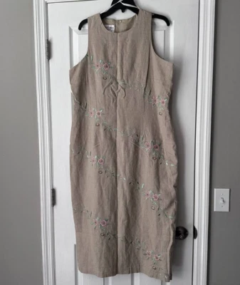 Maxi vestido de lino beige bordado Betsy's Things para mujer talla 16P sin mangas  Foto 1 de 4