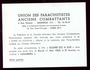 carte invitation Parachutistes Anciens Combattants .Marseille.film "GLOIRE A EUX - Picture 1 of 1