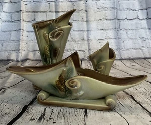 VTG 1950s Hull USA Parchment Pine Cornocopia 2 Vases 1 Planter (set Of 3)Pottery - Picture 1 of 24