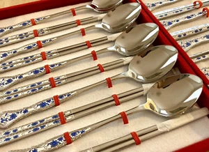 Vtg Korean Stainless Spoon And Chopstick Gift Set of 10 - Red Velvet Box - NEW! - Picture 1 of 9