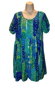 Blue Green Smocked Dress SMALL Relax Beach Leisure Fun Picnic POCKETS - Picture 1 of 12