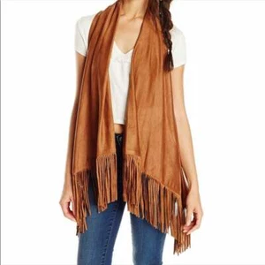 JOLT WOMENS FAUX SUEDE TAN OPEN FRONT VEST WITH TASSLES S SMALL - Picture 1 of 7