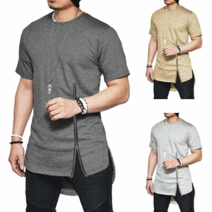 Men's Cotton Short Sleeve Zipper T Shirt Hip Hop Solid Hipster Streetwear Tshirt - Picture 1 of 20