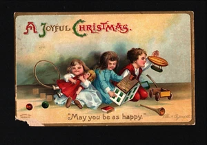 Kinder mit Spielzeug - Eine fröhliche Weihnachten geprägte Garre Postkarte 1909 ~ kostenloser Versand - Bild 1 von 2