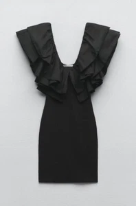 ZARA COTTON POPLIN SHORT FITTED RUFFLE DRESS BODYCON RIB KNIT BLACK NEW M 10 12 - Picture 1 of 7