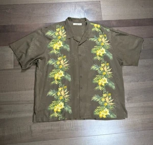 Tommy Bahama Silk Shirt Men's 2XL Hawaiian Aloha Brown Yellow Palms Embroidered - Picture 1 of 10