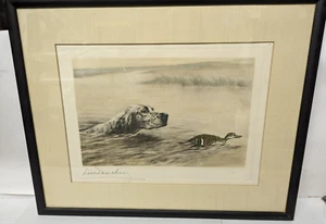 Vintage French LTD Dry Point Etching DOG & Duck Print Leon Danchin Listed Artist - Picture 1 of 11