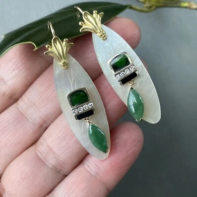 14K Yellow Gold Diamond Jade Onyx Fleur-De-Lis Engraved Mother Of Pearl Earrings - Image 1 of 4