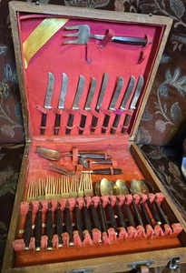 28 Pc Vtg MCM Brass Flatware Thailand Service For 8 Serving Pieces - Picture 1 of 8