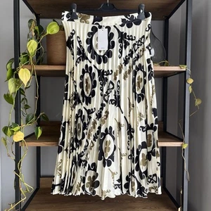Mango Pleated Midi Skirt L / 14 Ivory Black Gold Mix Satin New with Tags - Picture 1 of 7