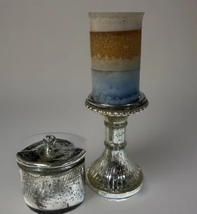Pottery Barn Antique Mercury Glass 6.5” Pillar Candle Holder Matching Box Candle - Picture 1 of 13