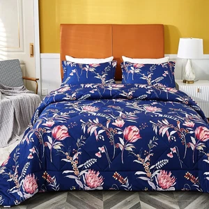 Morbido set piumone blu navy floreale queen size, 3 pezzi stampati tutte le stagioni Beddi - Foto 1 di 7