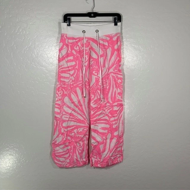 Calça Lilly Pulitzer The Beach Feminina Pequena Rosa Branca Cordão Perna Larga - Imagem 1 de 4