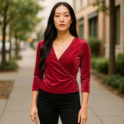 Blusa Express One Eleven Roja Imitación Envolvente Terciopelo Rojo Talla XS 0-2 Foto 1 de 4