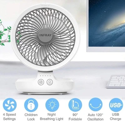 USB Desk Fan Portable Oscillating Foldable Quiet Desktop Personal TableFan White - Image 1 of 4