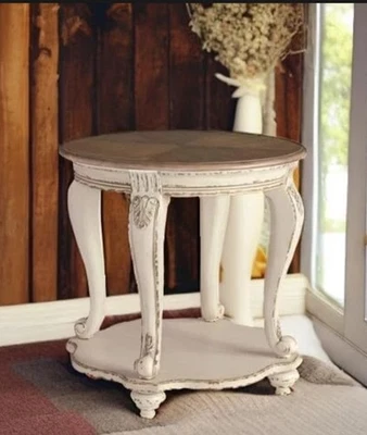 Mesa auxiliar redonda de dos tonos French Country astillada blanca encalada madera envejecida Foto 1 de 4