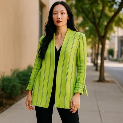 Misook Knit Cardigan Jacket Size Medium Neon Green Striped Acrylic Office Luxury - Image 1 of 4