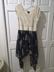 Rue21 Cream Lace Navy Wine Rose Floral Shark Bite Handkerchief Hem Dress Large - Picture 1 of 6