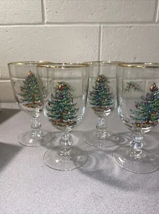 Spode Christmas Tree Pedestal Goblets with Gold Rims, Set of 4 - Picture 1 of 9