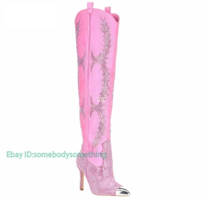 Women's Pointy Toe Glitter Over The Knee Thigh High Boots Rhinestone Stilettos - Image 1 of 4