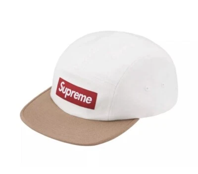Gorra de campamento Supreme 2 tonos logotipo de caja blanca marrón natural FW23 TOTALMENTE NUEVA en mano Foto 1 de 4