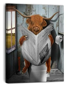 Vantboo Highland ganado vacas están leyendo periódicos en el inodoro, lona 16X20 - Imagen 1 de 5