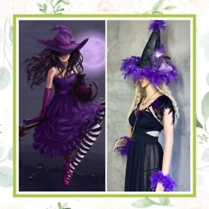 5PC WITCH LED HAT COSTUME PURPLE FEATHER SET HALLOWEEN WAND CUFF AMETHYST LED 