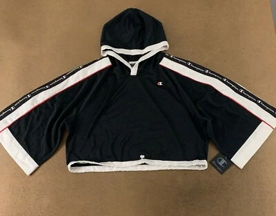 Champion Women's Size Large Black Mesh White Logo Trim Hooded Crop Top WL946 NWT - Image 1 of 4